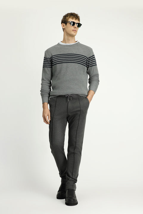 Mid Anthracite Slim Fit Tapered Waistband Drawstring Stretchy Knitted Canvas / Chino Trousers