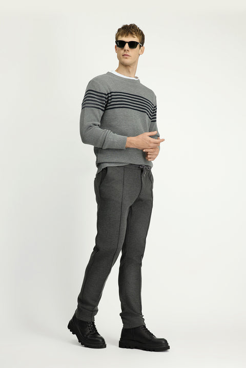 Mid Anthracite Slim Fit Tapered Waistband Drawstring Stretchy Knitted Canvas / Chino Trousers