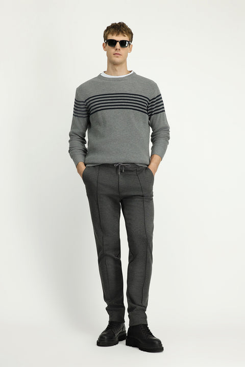 Mid Anthracite Slim Fit Tapered Waistband Drawstring Stretchy Knitted Canvas / Chino Trousers