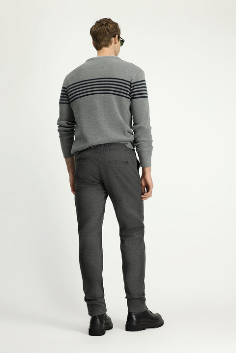 Mid Anthracite Slim Fit Tapered Waistband Drawstring Stretchy Knitted Canvas / Chino Trousers