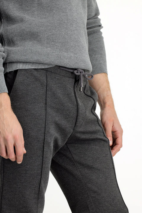 Mid Anthracite Slim Fit Tapered Waistband Drawstring Stretchy Knitted Canvas / Chino Trousers