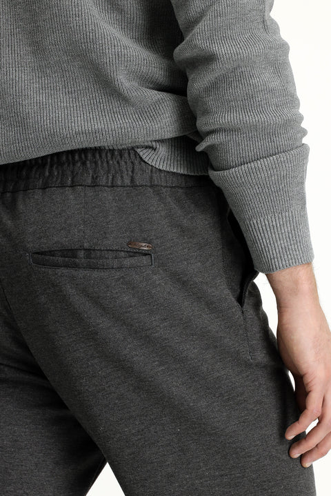 Mid Anthracite Slim Fit Tapered Waistband Drawstring Stretchy Knitted Canvas / Chino Trousers