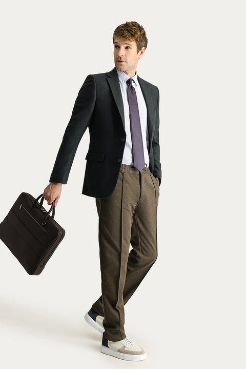 Dark Mink Slim Fit Skinny Elasticated Waist Drawstring Stretchy Knitted Canvas / Chino Trousers