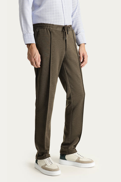 Dark Mink Slim Fit Skinny Elasticated Waist Drawstring Stretchy Knitted Canvas / Chino Trousers