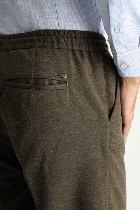 Dark Mink Slim Fit Skinny Elasticated Waist Drawstring Stretchy Knitted Canvas / Chino Trousers