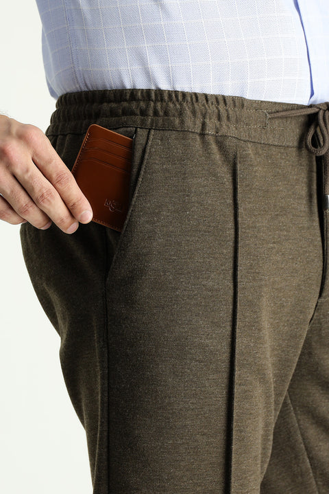 Dark Mink Slim Fit Skinny Elasticated Waist Drawstring Stretchy Knitted Canvas / Chino Trousers
