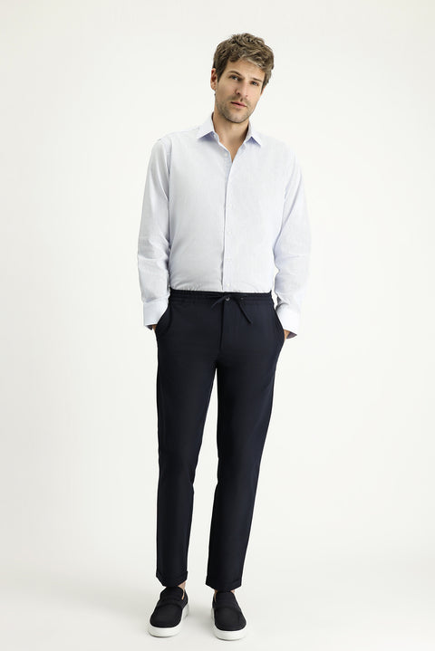 Dark Blue Long-Sleeve Classic Patterned Cotton Shirt