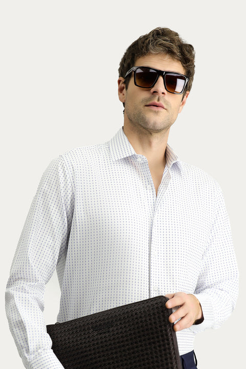 Blue Long-Sleeve Classic Patterned Cotton Shirt