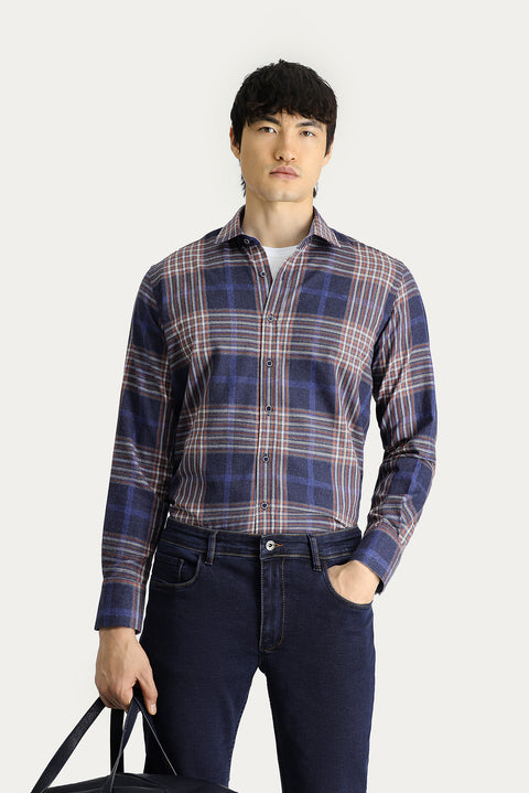 Dark Navy Long Sleeve Regular Fit Plaid Lumberjack Sport Cotton Shirt