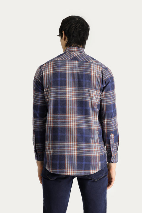 Dark Navy Long Sleeve Regular Fit Plaid Lumberjack Sport Cotton Shirt