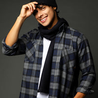 Dark Navy Long Sleeve Oversize Plaid Lumberjack Sport Cotton Shirt