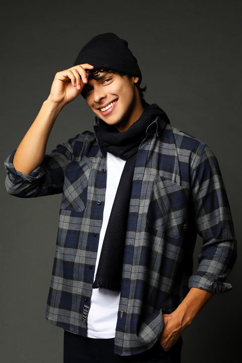 Dark Navy Long Sleeve Oversize Plaid Lumberjack Sport Cotton Shirt
