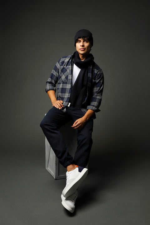 Dark Navy Long Sleeve Oversize Plaid Lumberjack Sport Cotton Shirt