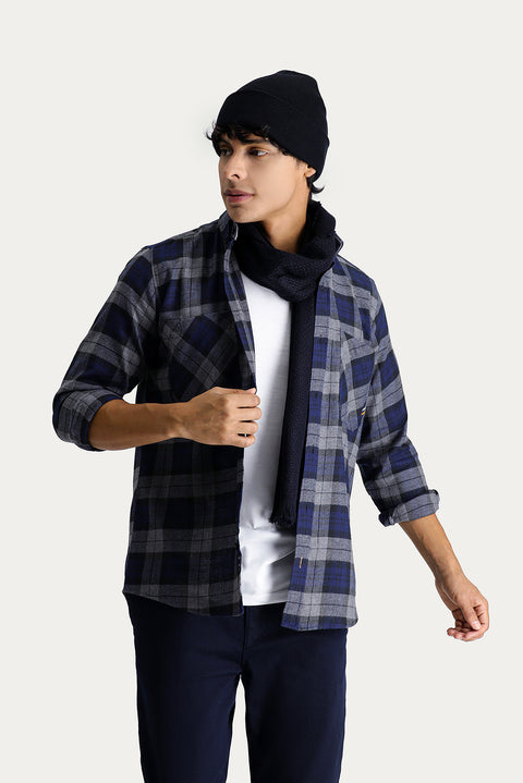 Dark Navy Long Sleeve Oversize Plaid Lumberjack Sport Cotton Shirt