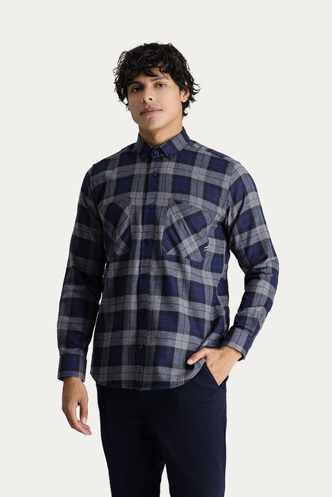 Dark Navy Long Sleeve Oversize Plaid Lumberjack Sport Cotton Shirt