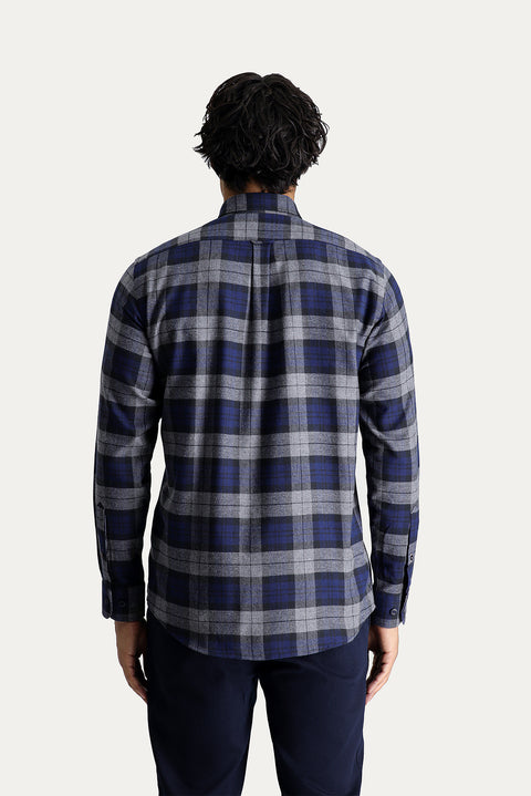 Dark Navy Long Sleeve Oversize Plaid Lumberjack Sport Cotton Shirt