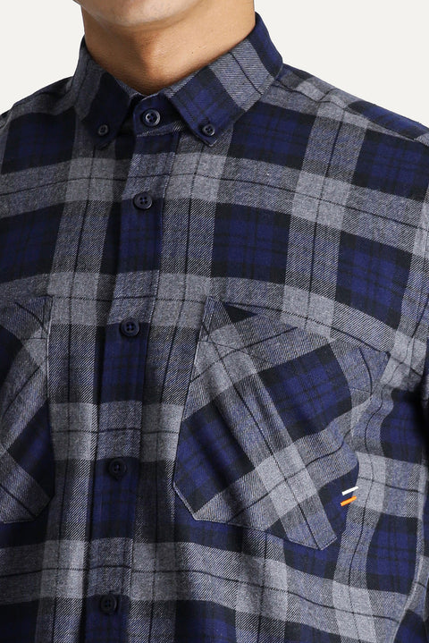 Dark Navy Long Sleeve Oversize Plaid Lumberjack Sport Cotton Shirt