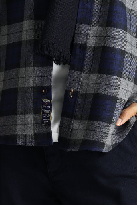 Dark Navy Long Sleeve Oversize Plaid Lumberjack Sport Cotton Shirt