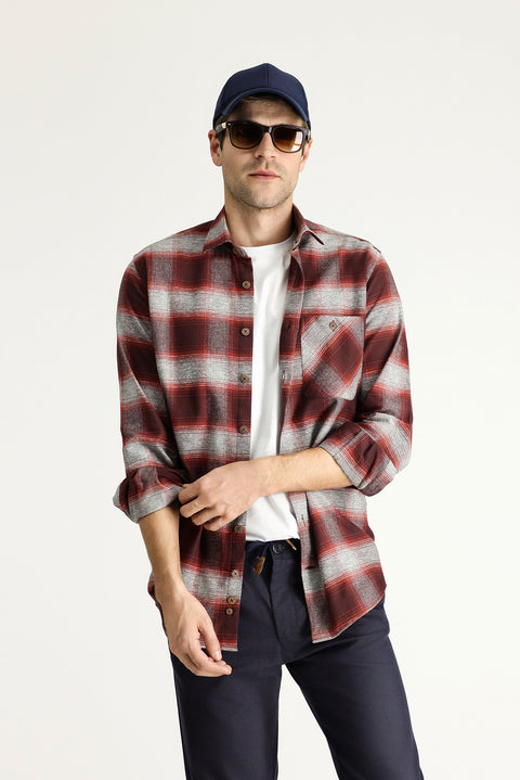 Dark Red Long Sleeve Regular Fit Lumberjack Plaid Cotton Shirt