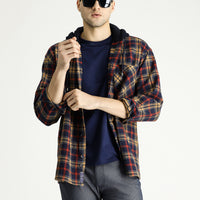 Dark Navy Hooded Oversize Plaid Shacket Lumberjack Cotton Shirt/Jacket