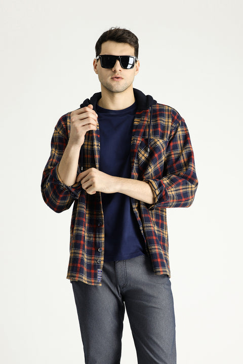 Dark Navy Hooded Oversize Plaid Shacket Lumberjack Cotton Shirt/Jacket