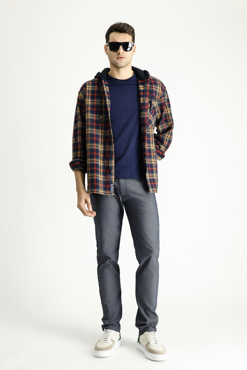 Dark Navy Hooded Oversize Plaid Shacket Lumberjack Cotton Shirt/Jacket