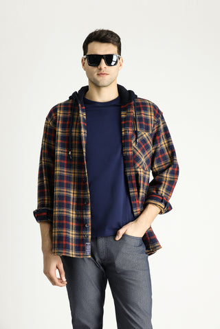  Koyu Lacivert Kapüşonlu Oversize Ekose Shacket Oduncu Pamuk Gömlek / Mont