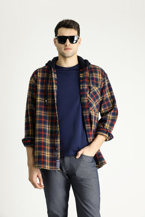 Dark Navy Hooded Oversize Plaid Shacket Lumberjack Cotton Shirt/Jacket