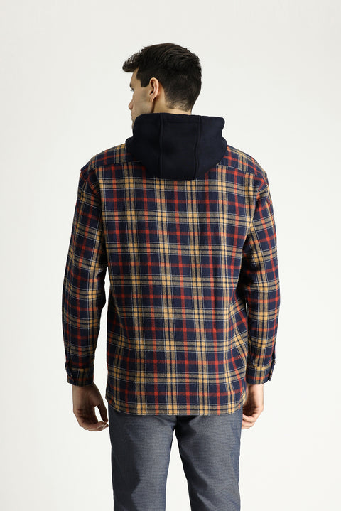 Dark Navy Hooded Oversize Plaid Shacket Lumberjack Cotton Shirt/Jacket