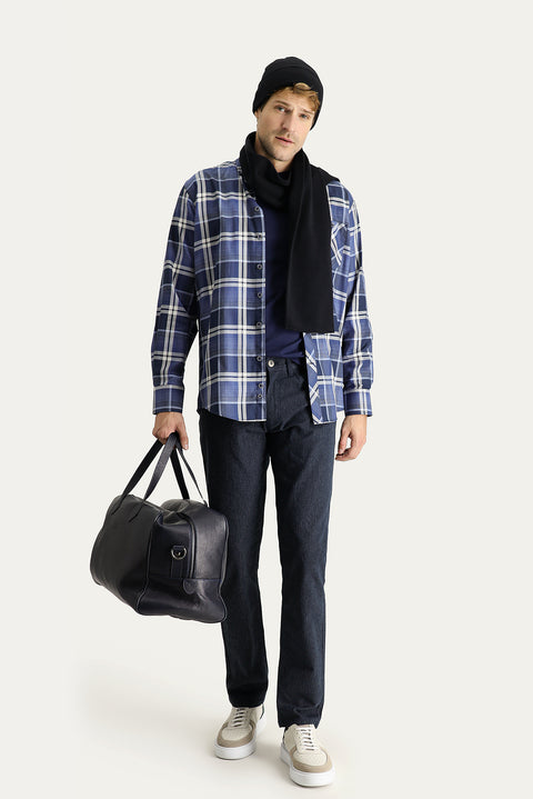 Medium Navy Long Sleeve Regular Fit Plaid Cotton Shirt