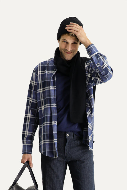 Medium Navy Long Sleeve Regular Fit Plaid Cotton Shirt