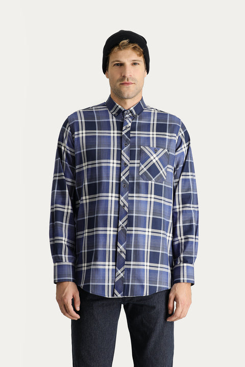 Medium Navy Long Sleeve Regular Fit Plaid Cotton Shirt