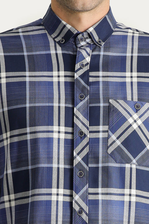 Medium Navy Long Sleeve Regular Fit Plaid Cotton Shirt