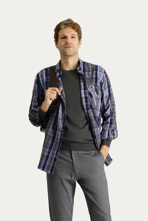 Dark Navy Long Sleeve Regular Fit Plaid Lumberjack Cotton Shirt
