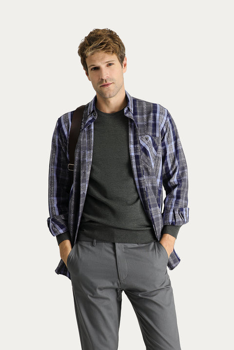 Dark Navy Long Sleeve Regular Fit Plaid Lumberjack Cotton Shirt