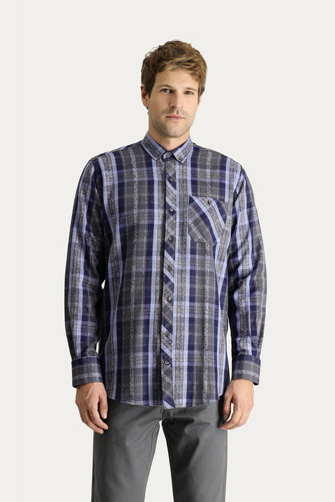 Dark Navy Long Sleeve Regular Fit Plaid Lumberjack Cotton Shirt