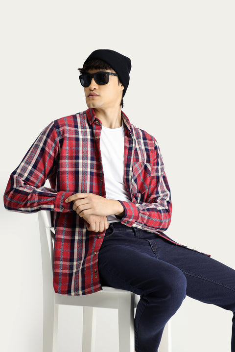 Dark Red Long Sleeve Regular Fit Plaid Lumberjack Cotton Shirt