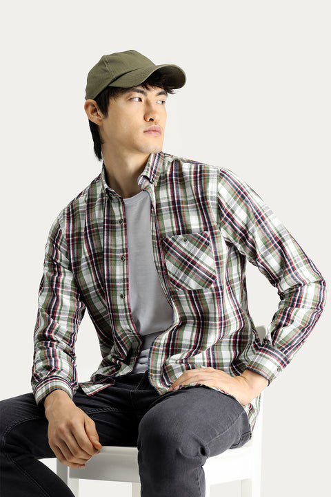 Medium Khaki Long Sleeve Regular Fit Plaid Lumberjack Cotton Easy-Iron Shirt