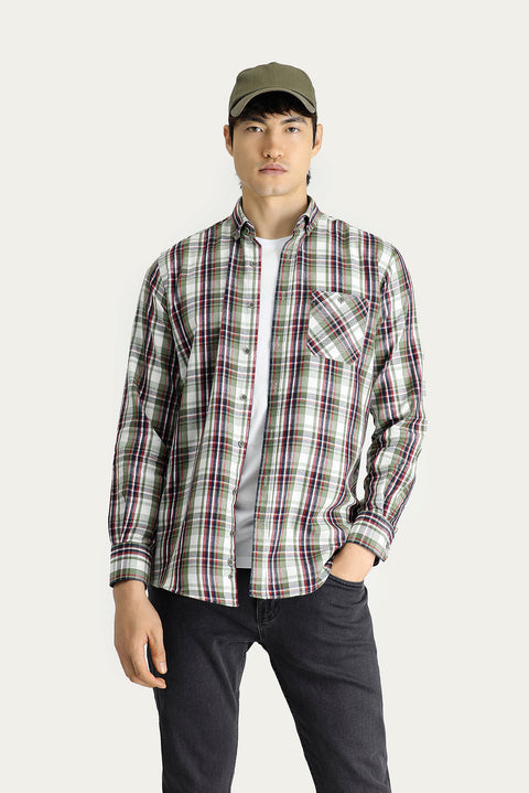 Medium Khaki Long Sleeve Regular Fit Plaid Lumberjack Cotton Easy-Iron Shirt