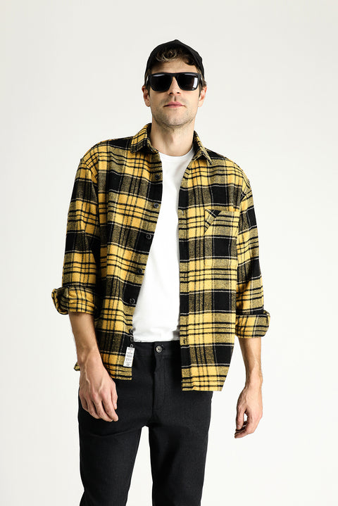Mustard Long Sleeve Oversized Lumberjack Plaid Cotton Shirt