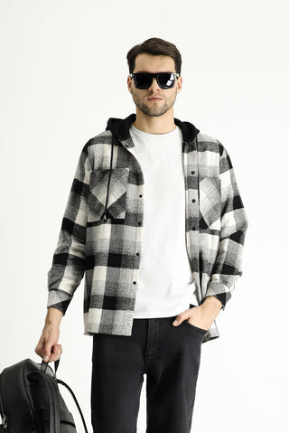  Siyah Kapüşonlu Oversize Ekose Shacket Oduncu Pamuklu Gömlek / Mont