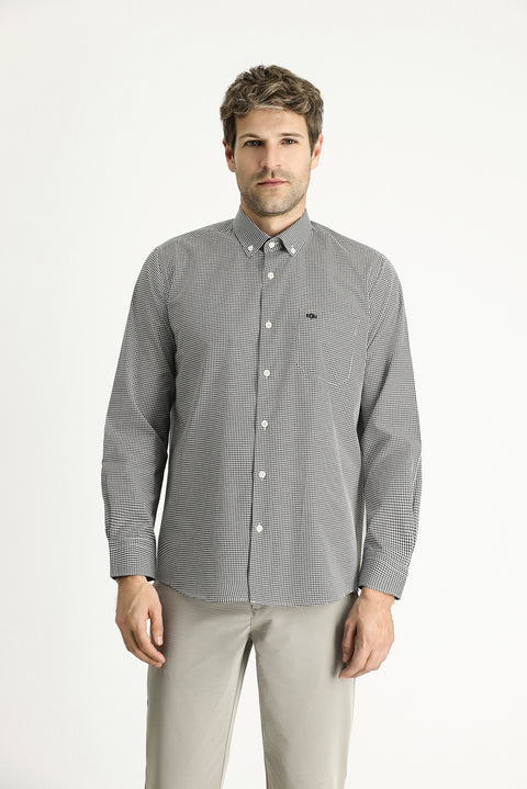 Black Long Sleeve Regular Fit Sport Plaid Cotton Easy-Iron Button-Down Collar Shirt
