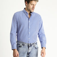 Navy Blue Long Sleeve Regular Fit Sporty Plaid Cotton Easy-Iron Button-Down Collar Shirt