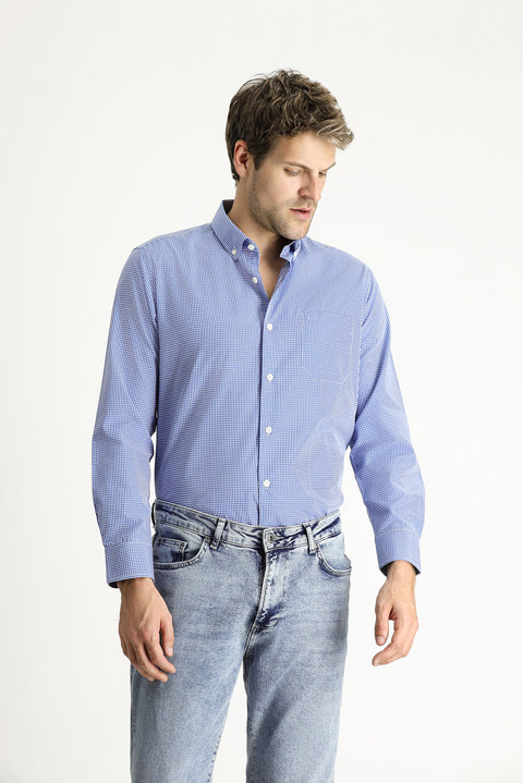 Navy Blue Long Sleeve Regular Fit Sporty Plaid Cotton Easy-Iron Button-Down Collar Shirt