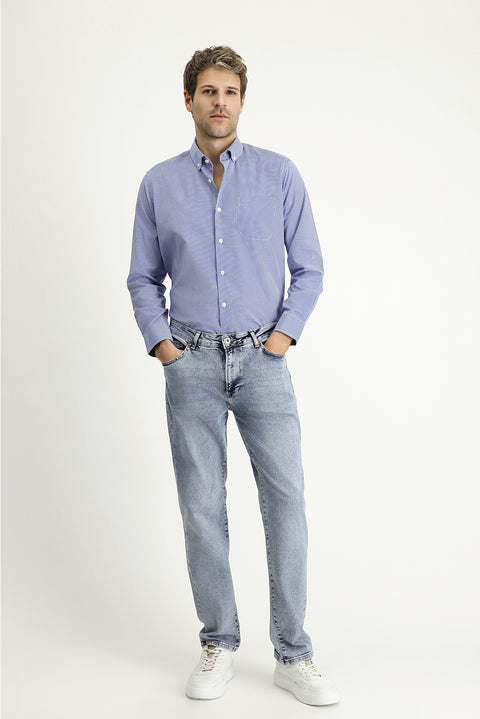 Navy Blue Long Sleeve Regular Fit Sporty Plaid Cotton Easy-Iron Button-Down Collar Shirt
