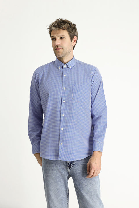 Navy Blue Long Sleeve Regular Fit Sporty Plaid Cotton Easy-Iron Button-Down Collar Shirt