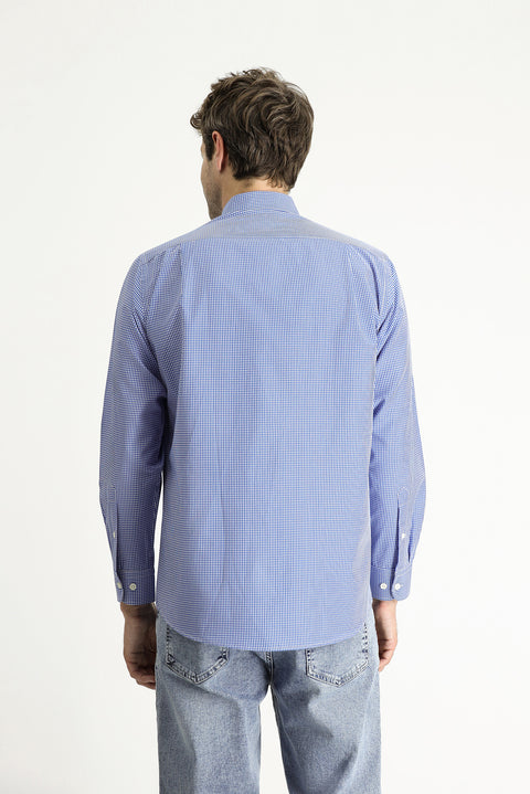 Navy Blue Long Sleeve Regular Fit Sporty Plaid Cotton Easy-Iron Button-Down Collar Shirt