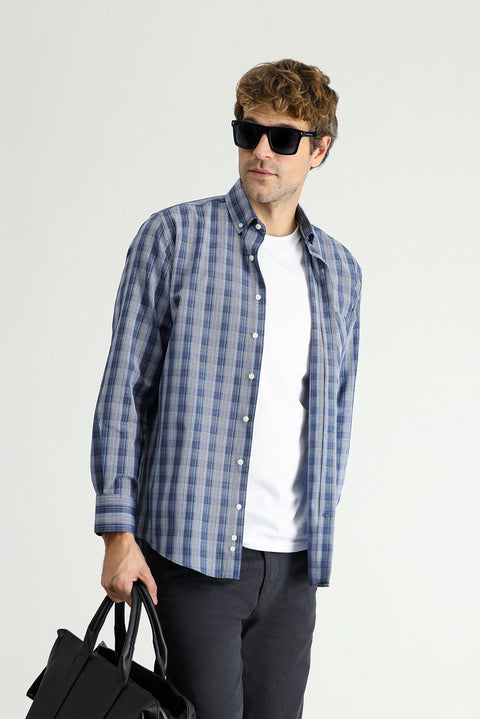 Medium Navy Long Sleeve Regular Fit Plaid Cotton Easy-Iron Shirt