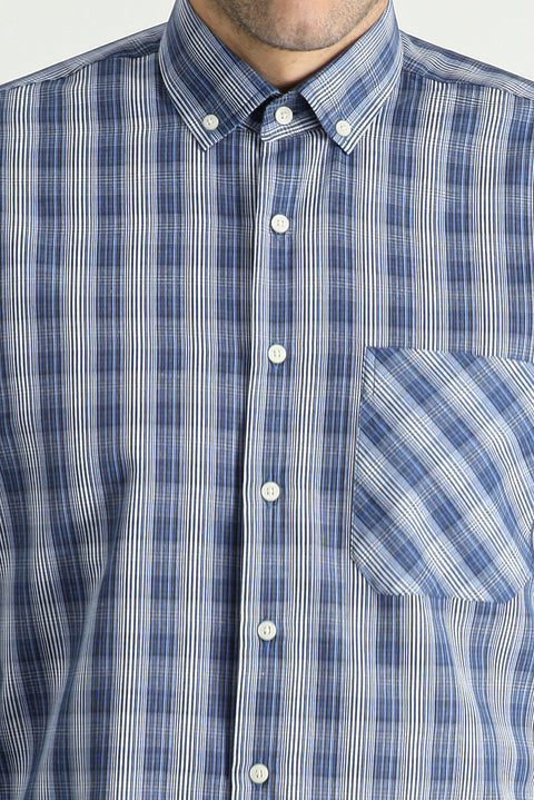 Medium Navy Long Sleeve Regular Fit Plaid Cotton Easy-Iron Shirt