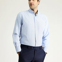 Sky Blue Long Sleeve Regular Fit Plaid Cotton Easy-Iron Button-Down Collar Shirt